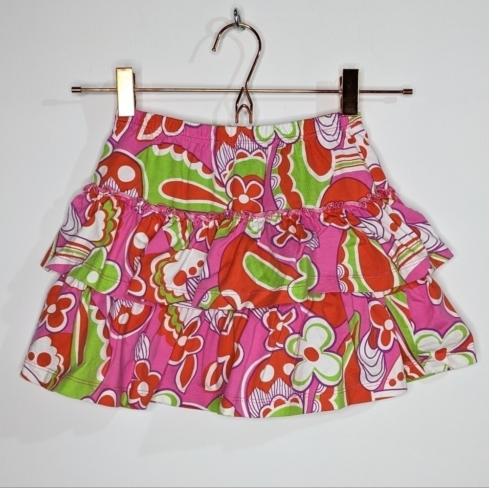 ✨3/$15 Hanna Andersson pink green red layered ruffle skirt 6-7